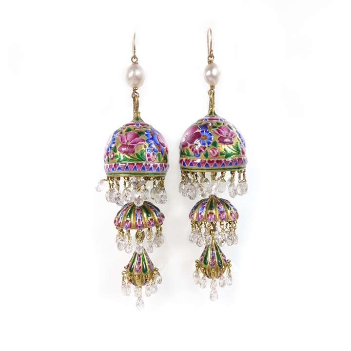 Pair of Qajar enamelled gold, pearl and briolette diamond bell pendant earrings